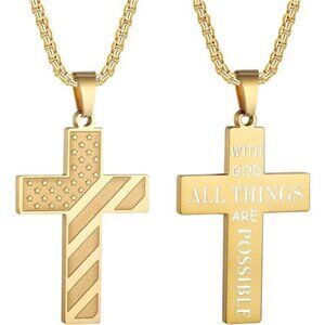 GOLD American Flag GOD Cross Necklace Men Stainless Steel Box Chain 22+2 inch